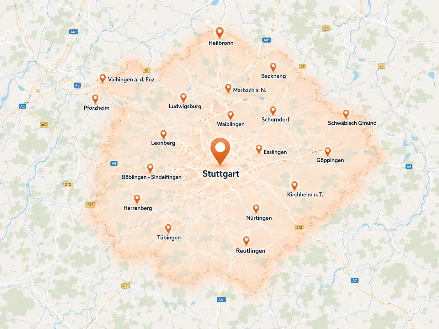 Karte des Einzugsgebiets: Stuttgart im Zentrum, dazu Heilbronn, Backnang, Marbach am Neckar, Ludwigsburg, Vaihingen an der Enz, Pforzheim, Leonberg, Böblingen, Sindelfingen, Herrenberg, Tübingen, Reutlingen, Nürtingen, Kirchheim unter Teck, Göppingen, Schwäbisch Gmünd, Schorndorf, Esslingen und Waiblingen