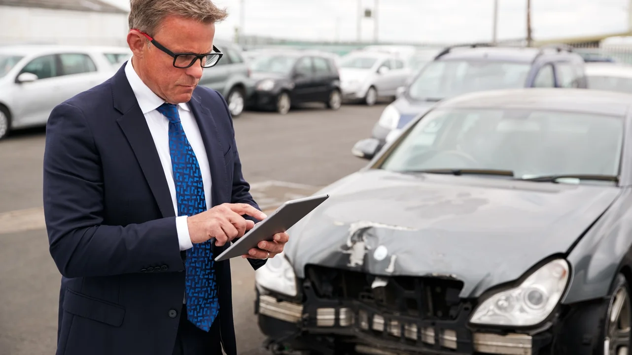 Kfz-Sachverständiger dokumentiert mit einem Tablet den Unfallschaden an einem Fahrzeug
